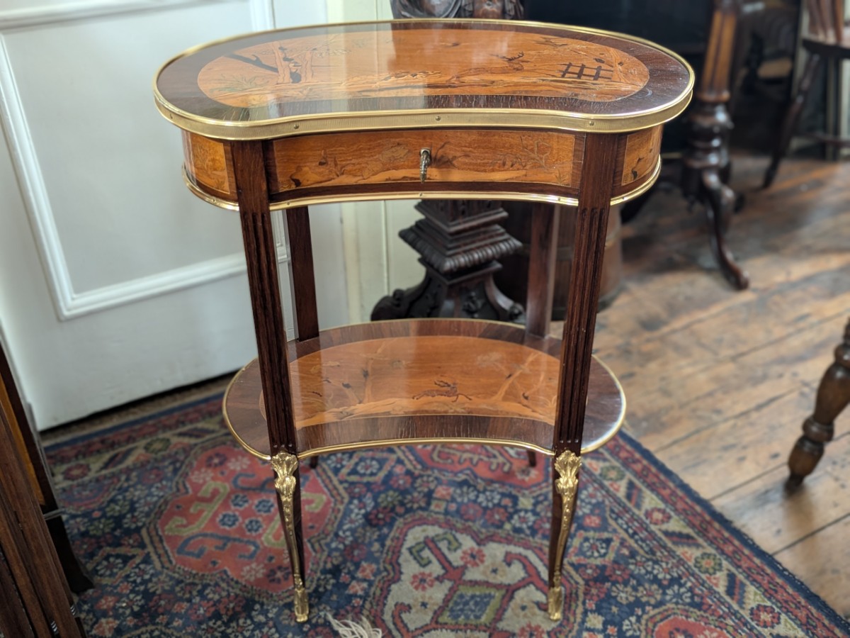 French Gilt Brass Marquetry Kidney Shaped Bijouterie Table